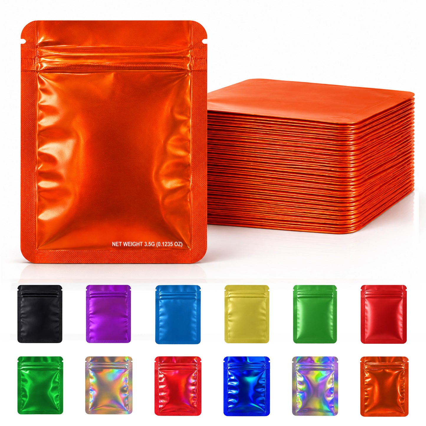 50 Pack – 3.5g Solid Color Mylar Bags Plain No Window - Metallic Orange