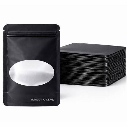 50 Pack – 7g Solid Color Mylar Bags with Oval Window - Black