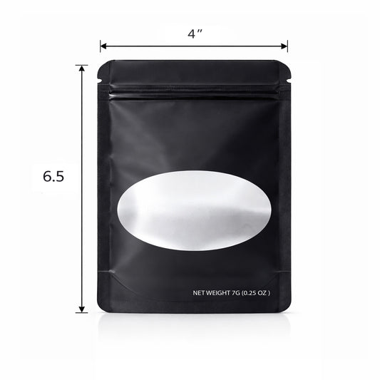50 Pack – 7g Solid Color Mylar Bags with Oval Window - Black