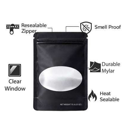 50 Pack – 7g Solid Color Mylar Bags with Oval Window - Black