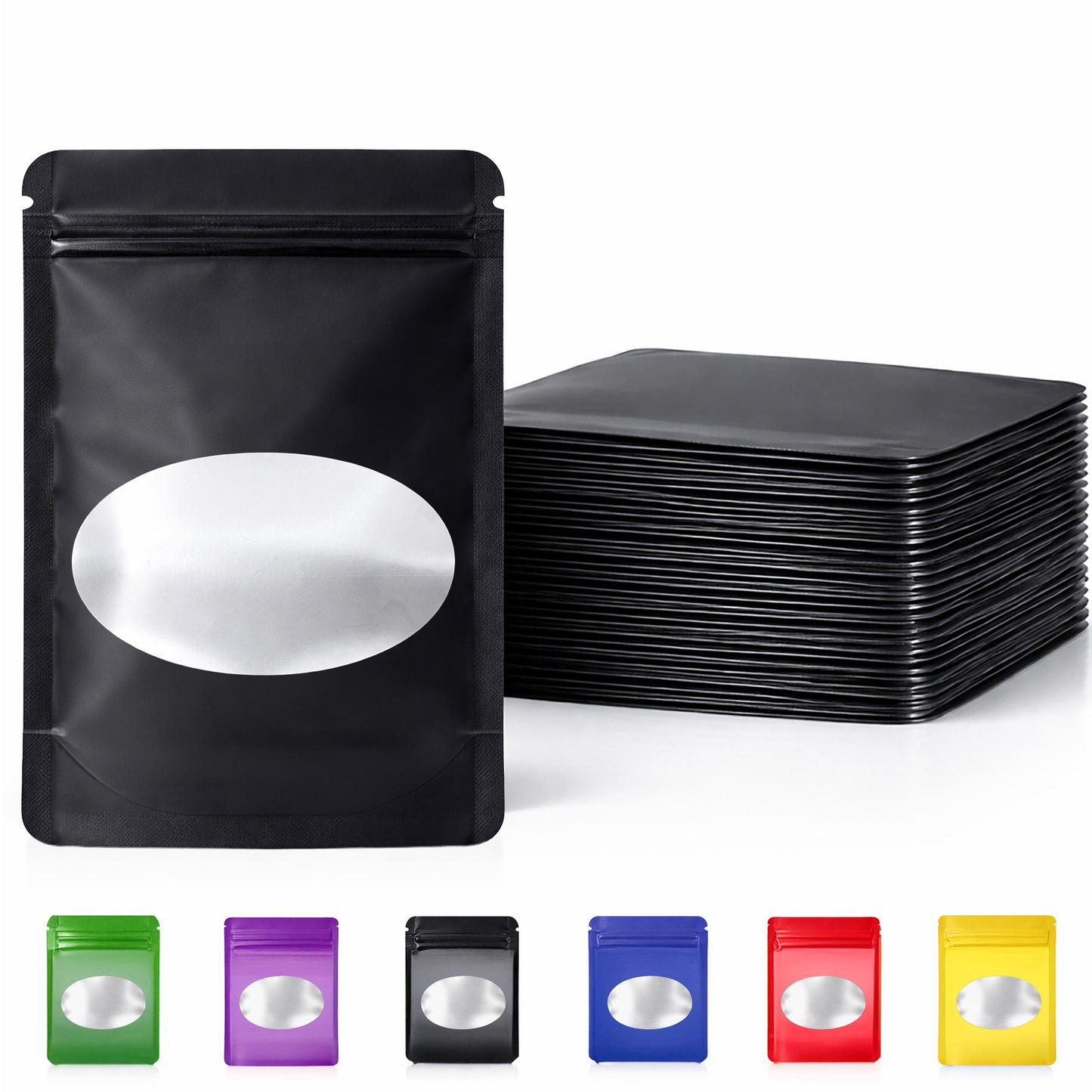 50 Pack - Medium Solid Color Zip-Seal Foil Pouches (4"x6.5") Oval Window Selection