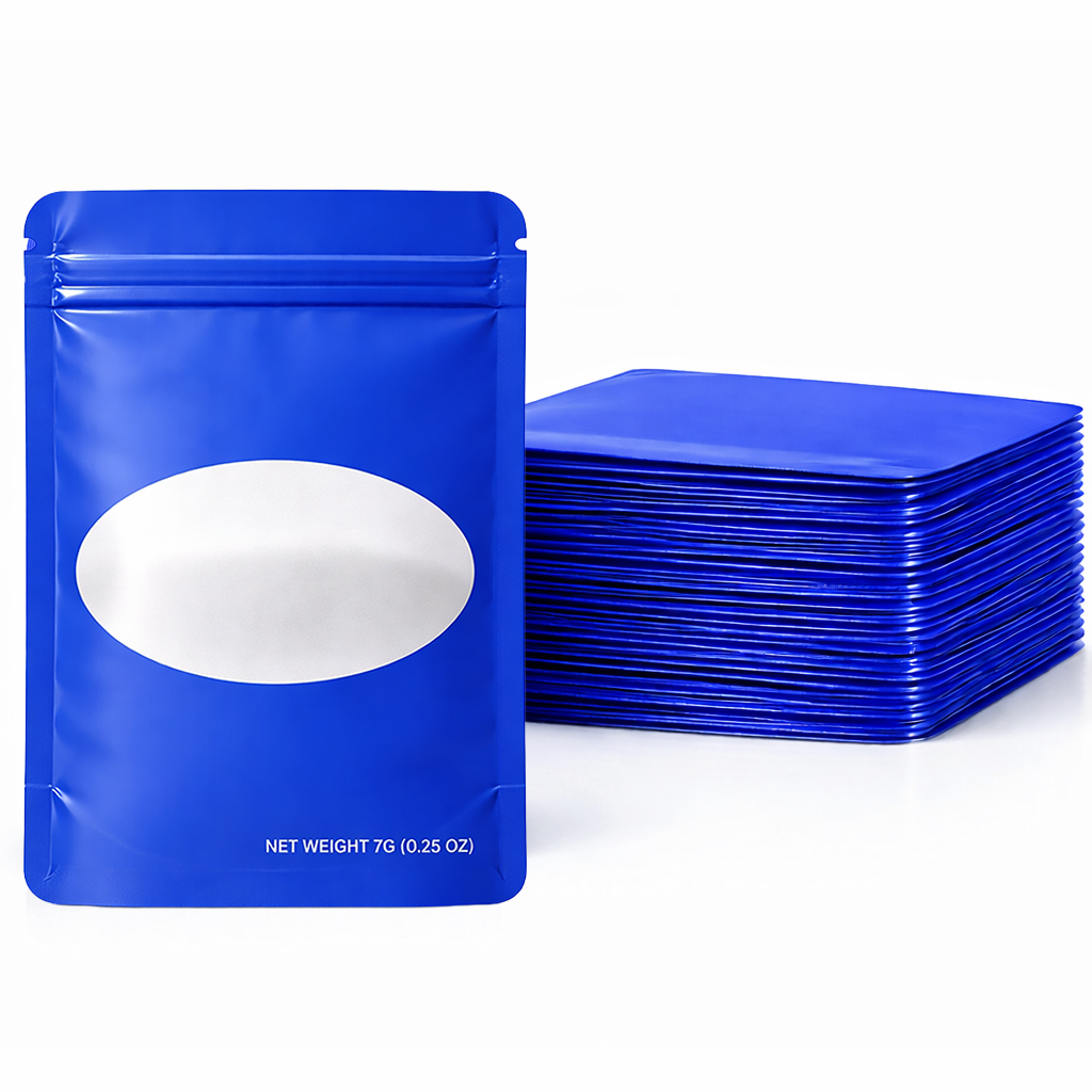 50 Pack – 7g Solid Color Mylar Bags with Oval Window - Royal Blue