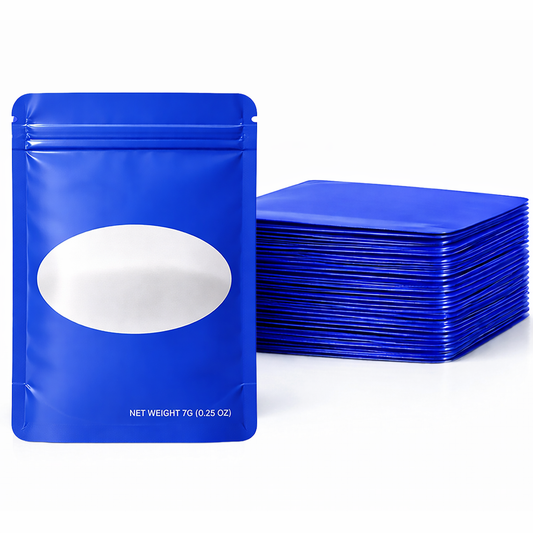 50 Pack – 7g Solid Color Mylar Bags with Oval Window - Royal Blue