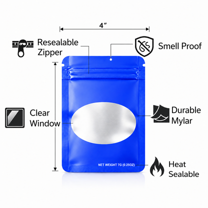 50 Pack – 7g Solid Color Mylar Bags with Oval Window - Royal Blue