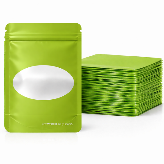 50 Pack – 7g Solid Color Mylar Bags with Oval Window - Green