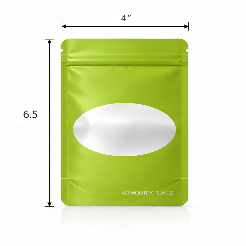 50 Pack – 7g Solid Color Mylar Bags with Oval Window - Green