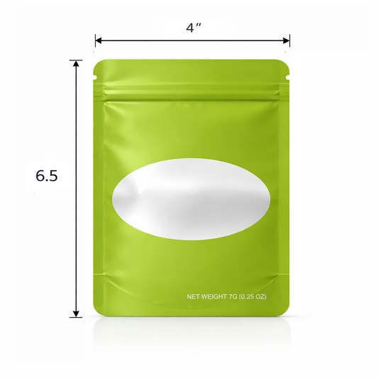 50 Pack – 7g Solid Color Mylar Bags with Oval Window - Green