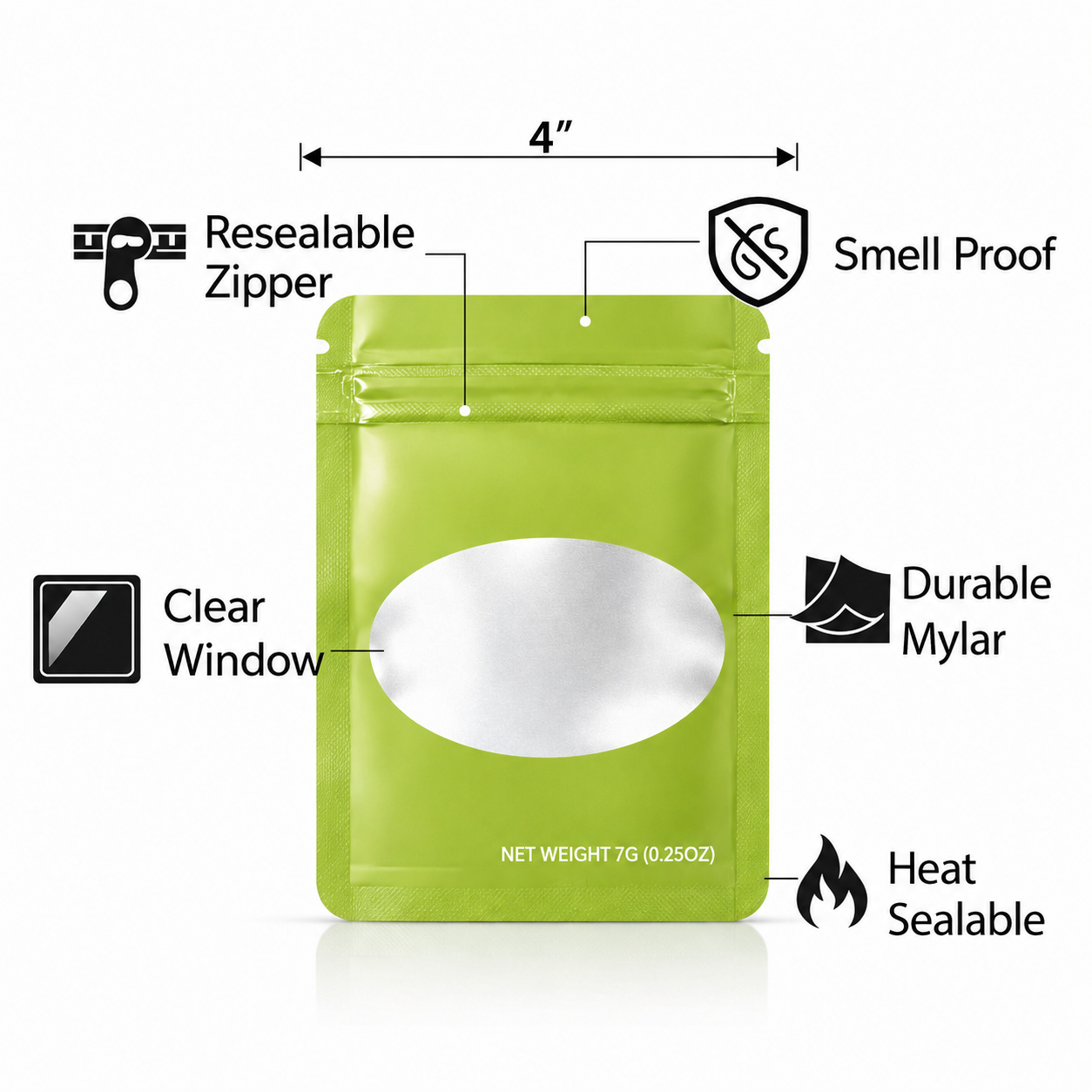 50 Pack – 7g Solid Color Mylar Bags with Oval Window - Green