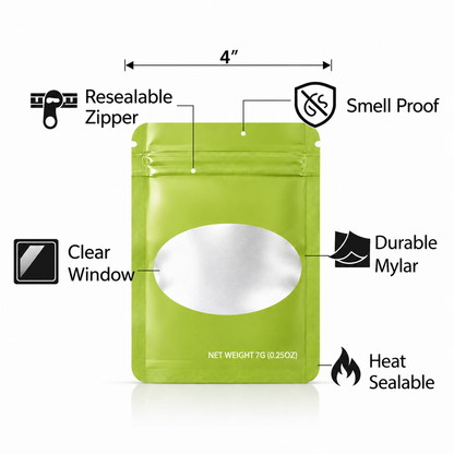 50 Pack – 7g Solid Color Mylar Bags with Oval Window - Green