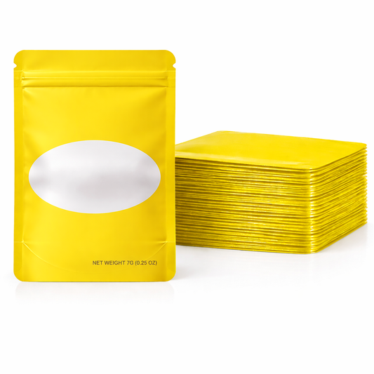 50 Pack – 7g Solid Color Mylar Bags with Oval Window - Yellow