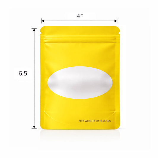 50 Pack – 7g Solid Color Mylar Bags with Oval Window - Yellow