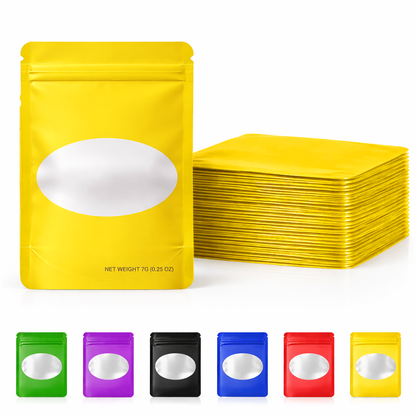 50 Pack – 7g Solid Color Mylar Bags with Oval Window - Yellow