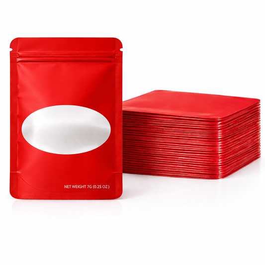 50 Pack – 7g Solid Color Mylar Bags with Oval Window - Red