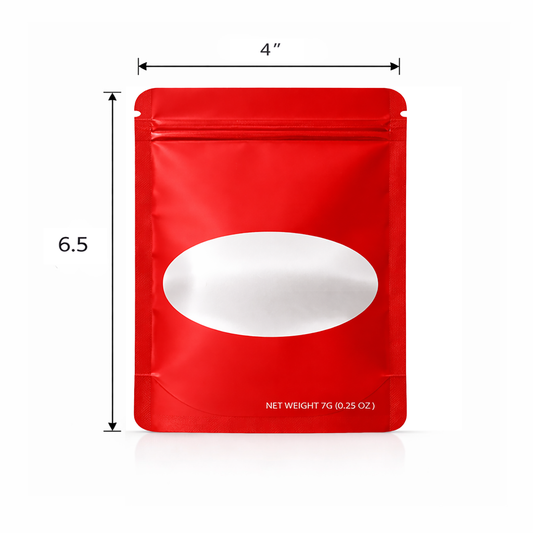 50 Pack – 7g Solid Color Mylar Bags with Oval Window - Red
