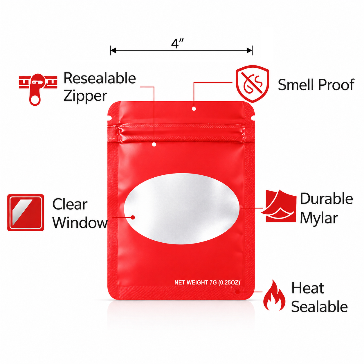 50 Pack – 7g Solid Color Mylar Bags with Oval Window - Red