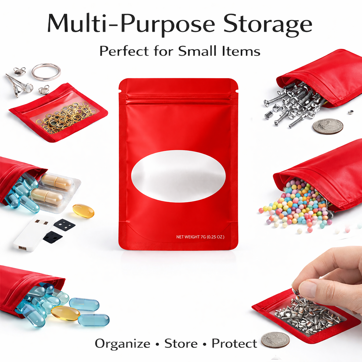 50 Pack – 7g Solid Color Mylar Bags with Oval Window - Red