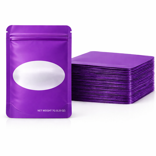 50 Pack – 7g Solid Color Mylar Bags with Oval Window - Purple