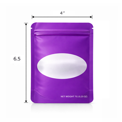 50 Pack – 7g Solid Color Mylar Bags with Oval Window - Purple