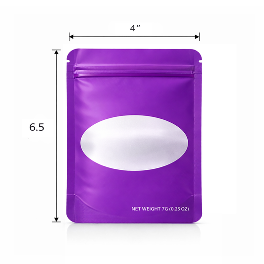 50 Pack – 7g Solid Color Mylar Bags with Oval Window - Purple