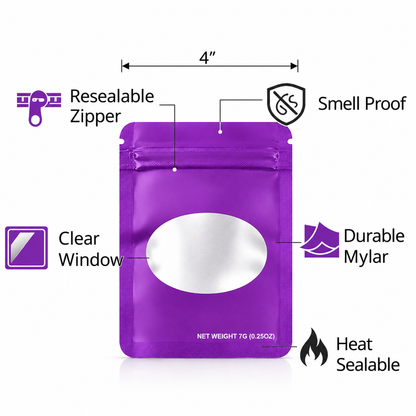 50 Pack – 7g Solid Color Mylar Bags with Oval Window - Purple