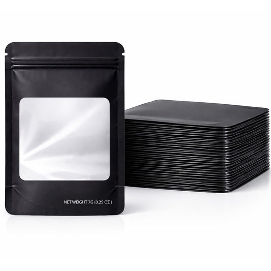 50 Pack – 7g Solid Color Mylar Bags with Square Window - Black