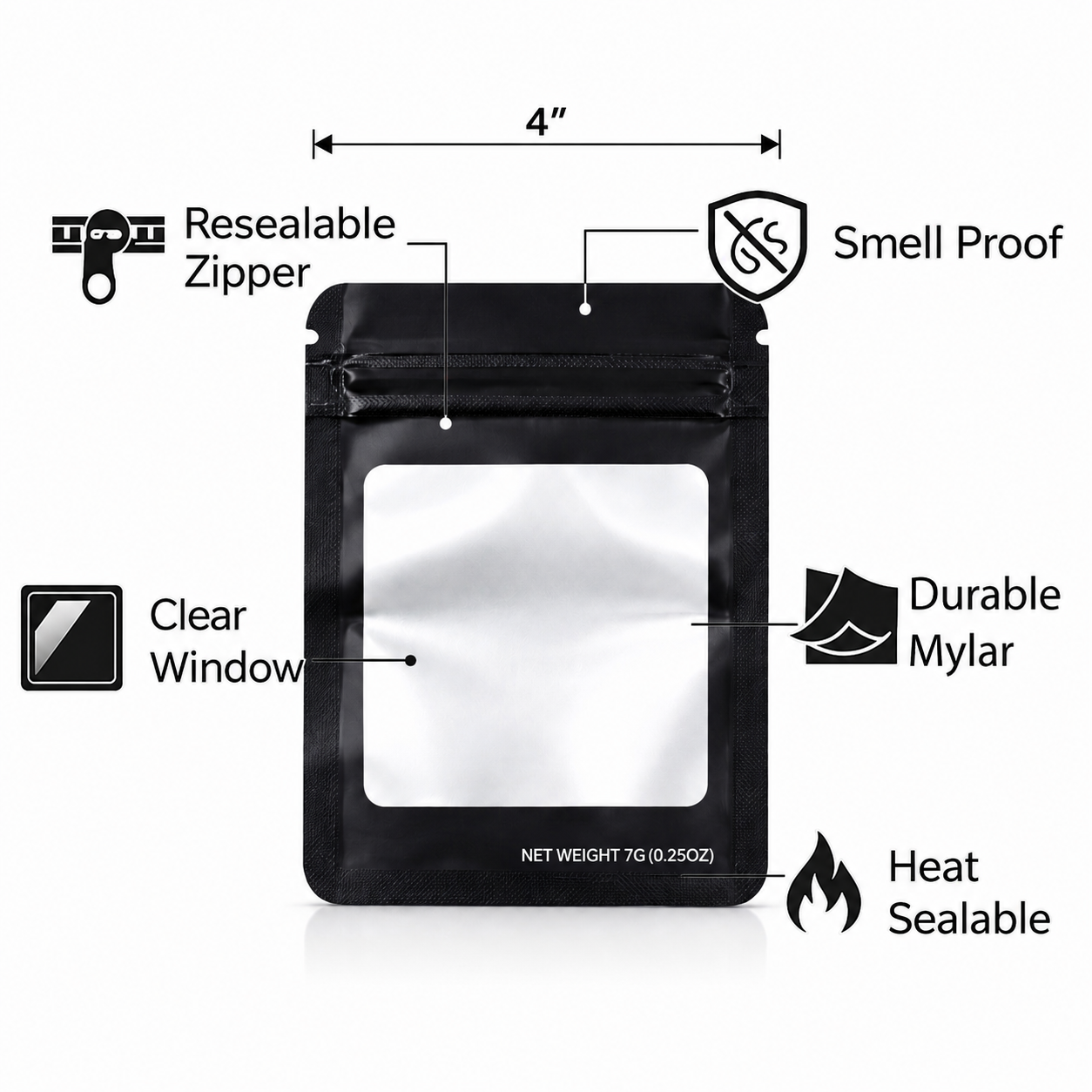 50 Pack – 7g Solid Color Mylar Bags with Square Window - Black