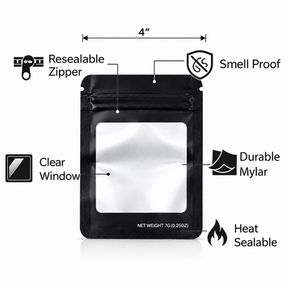 50 Pack – 7g Solid Color Mylar Bags with Square Window - Black