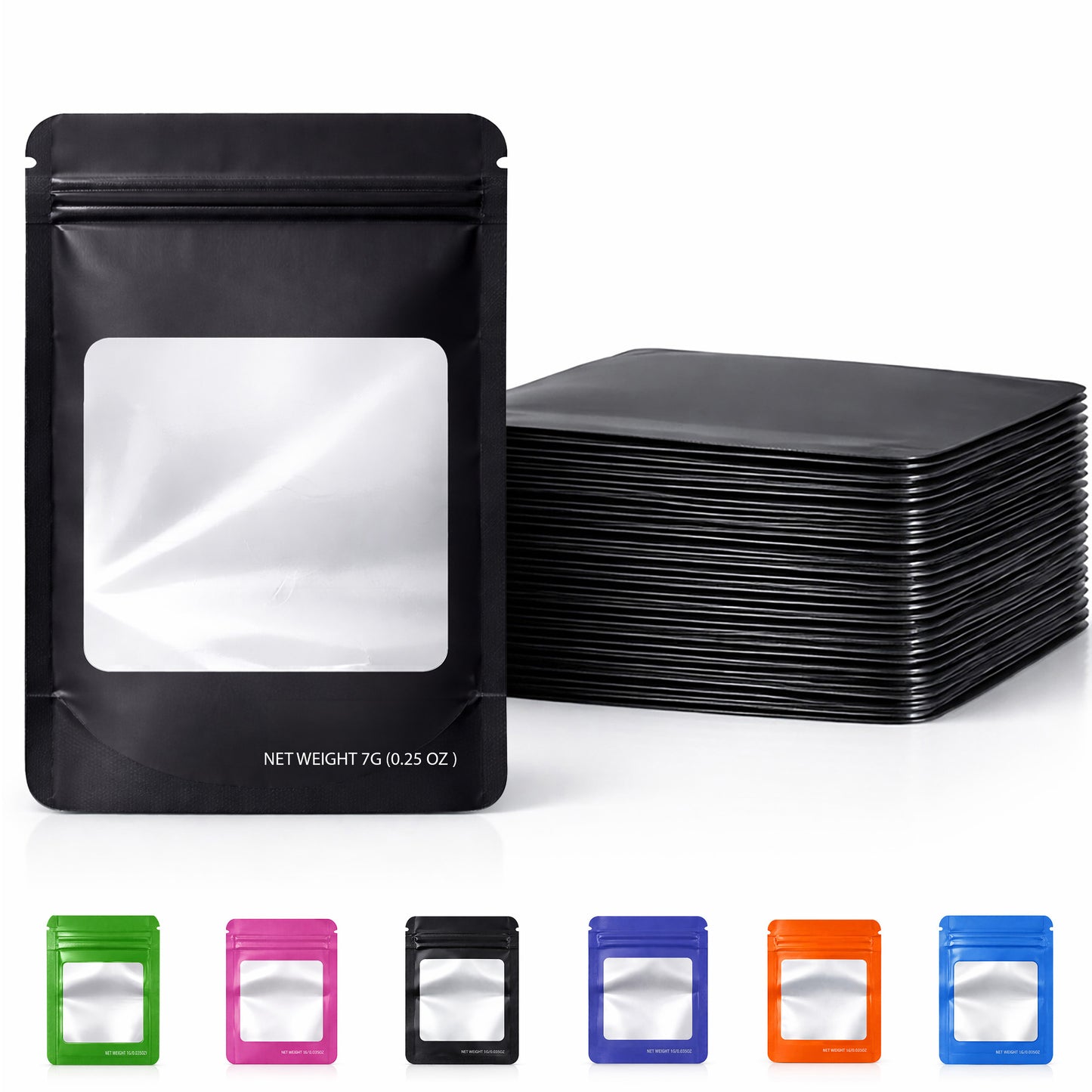 50 Pack – 7g Solid Color Mylar Bags with Square Window - Black