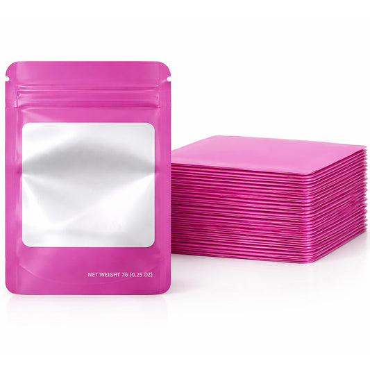 50 Pack – 7g Solid Color Mylar Bags with Square Window - Pink