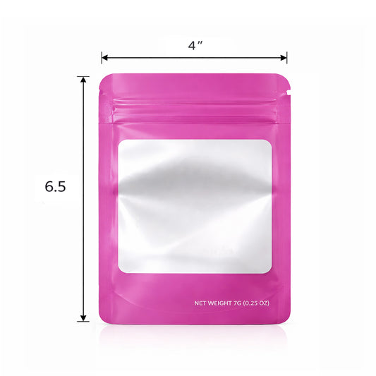 50 Pack – 7g Solid Color Mylar Bags with Square Window - Pink