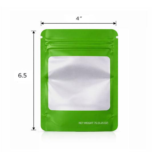 50 Pack – 7g Solid Color Mylar Bags with Square Window - Green