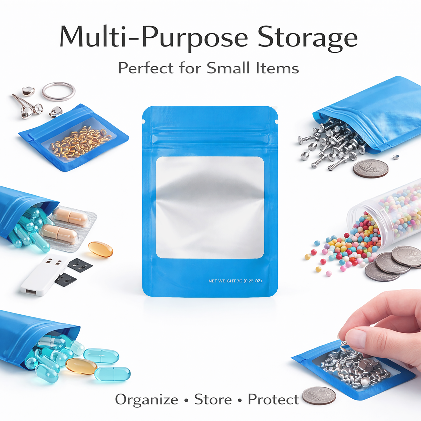 50 Pack – 7g Solid Color Mylar Bags with Square Window - Light Blue