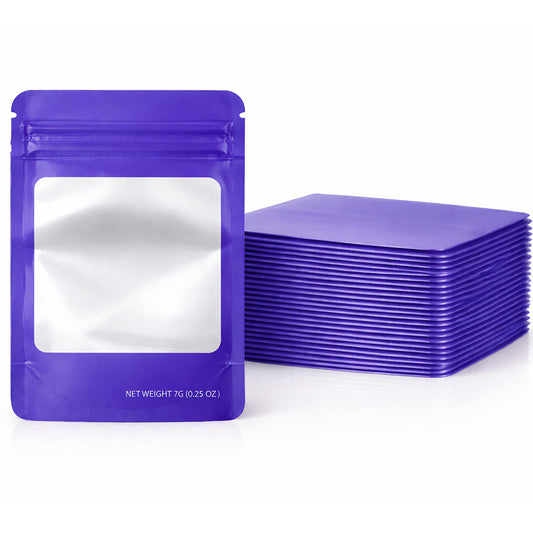 50 Pack – 7g Solid Color Mylar Bags with Square Window - Purple
