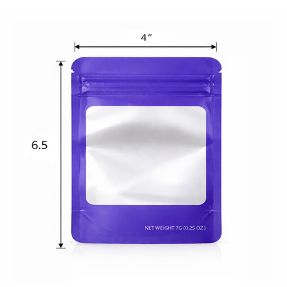 50 Pack – 7g Solid Color Mylar Bags with Square Window - Purple