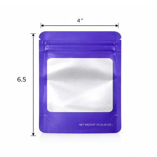 50 Pack – 7g Solid Color Mylar Bags with Square Window - Purple
