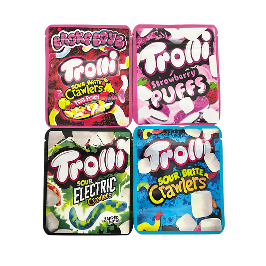 25 Pack - 3.5g Thick Sticker Mylar Bags Premium Smell Proof Packaging  | Trolli Candy Collection