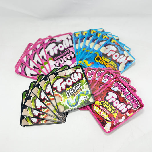 25 Pack 3.5g Thick Sticker Mylar Bags Premium Smell Proof Packaging Mix  | Trolli Candy Collection