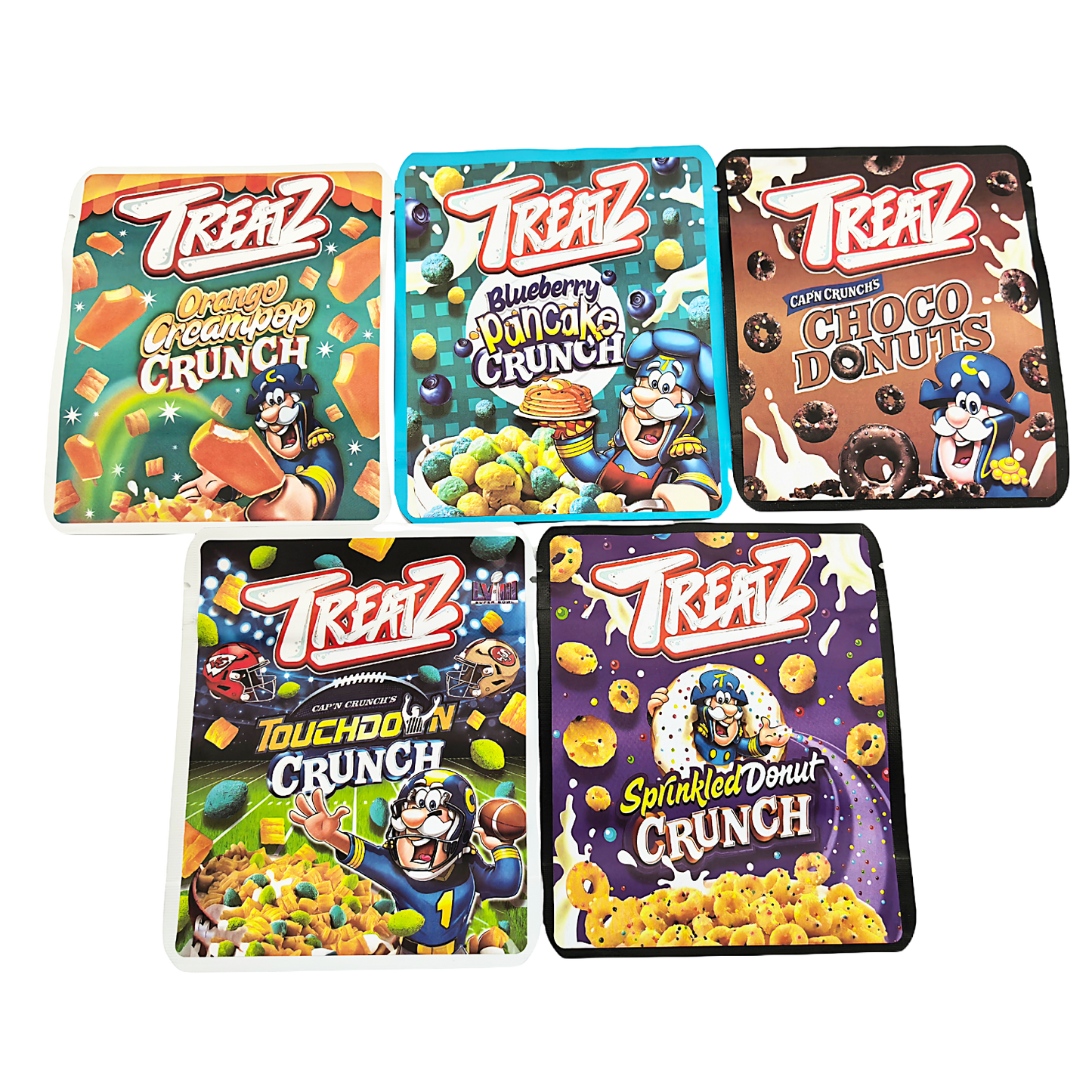 25 Pack - 3.5g Thick Sticker Mylar Bags Premium Smell Proof Packaging  | Treatz Crunch Collection