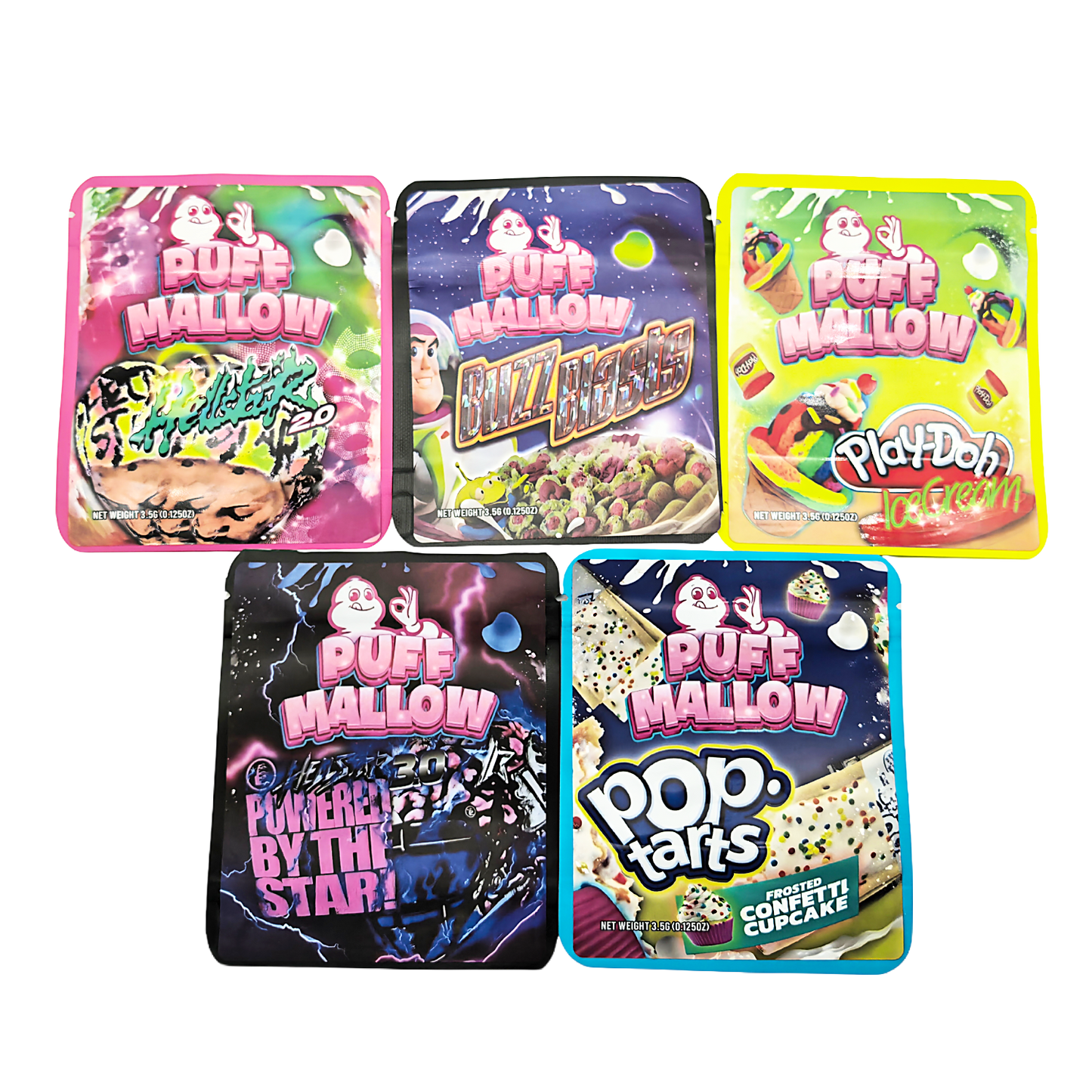 25 Pack - 3.5g Thick Sticker Mylar Bags Premium Smell Proof Packaging  | Puff Mallow Collection Vol. 1