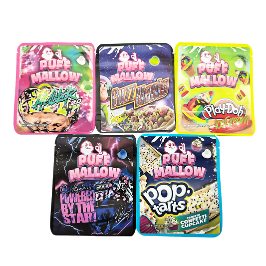 25 Pack - 3.5g Thick Sticker Mylar Bags Premium Smell Proof Packaging  | Puff Mallow Collection Vol. 1