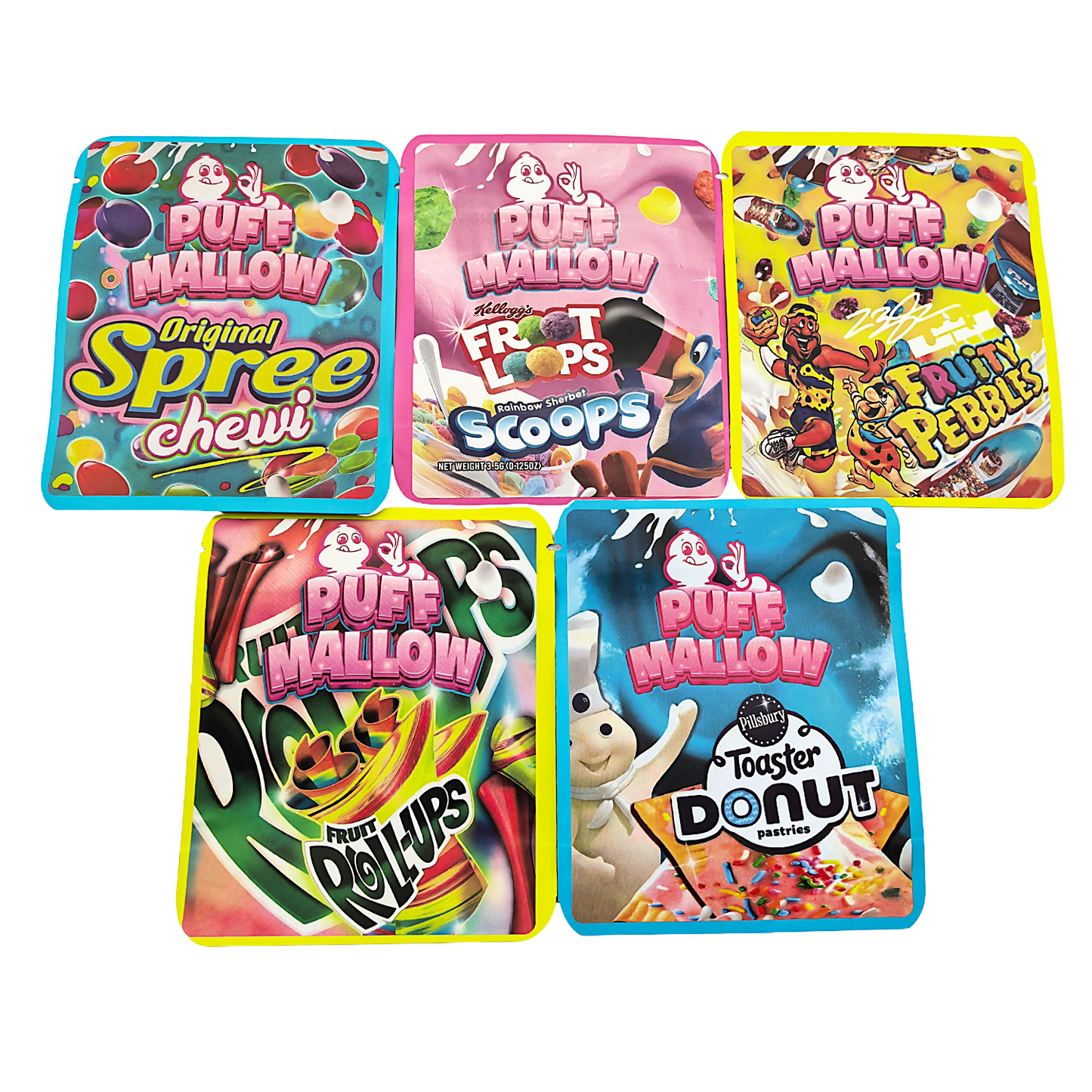 25 Pack - 3.5g Thick Sticker Mylar Bags Premium Smell Proof Packaging  | Puff Mallow Collection Vol. 2