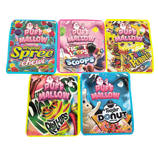 25 Pack - 3.5g Thick Sticker Mylar Bags Premium Smell Proof Packaging  | Puff Mallow Collection Vol. 2