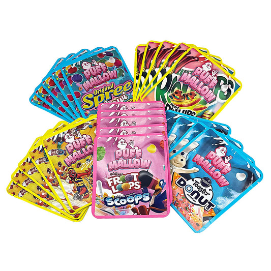 25 Pack 3.5g Thick Sticker Mylar Bags Premium Smell Proof Packaging Mix  | Puff Mallow Collection Vol. 2