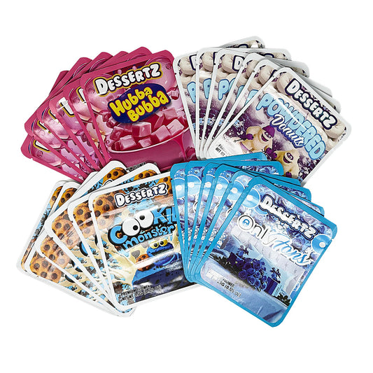25 Pack 3.5g Thick Sticker Mylar Bags Premium Smell Proof Packaging Mix  | Dessertz Collection