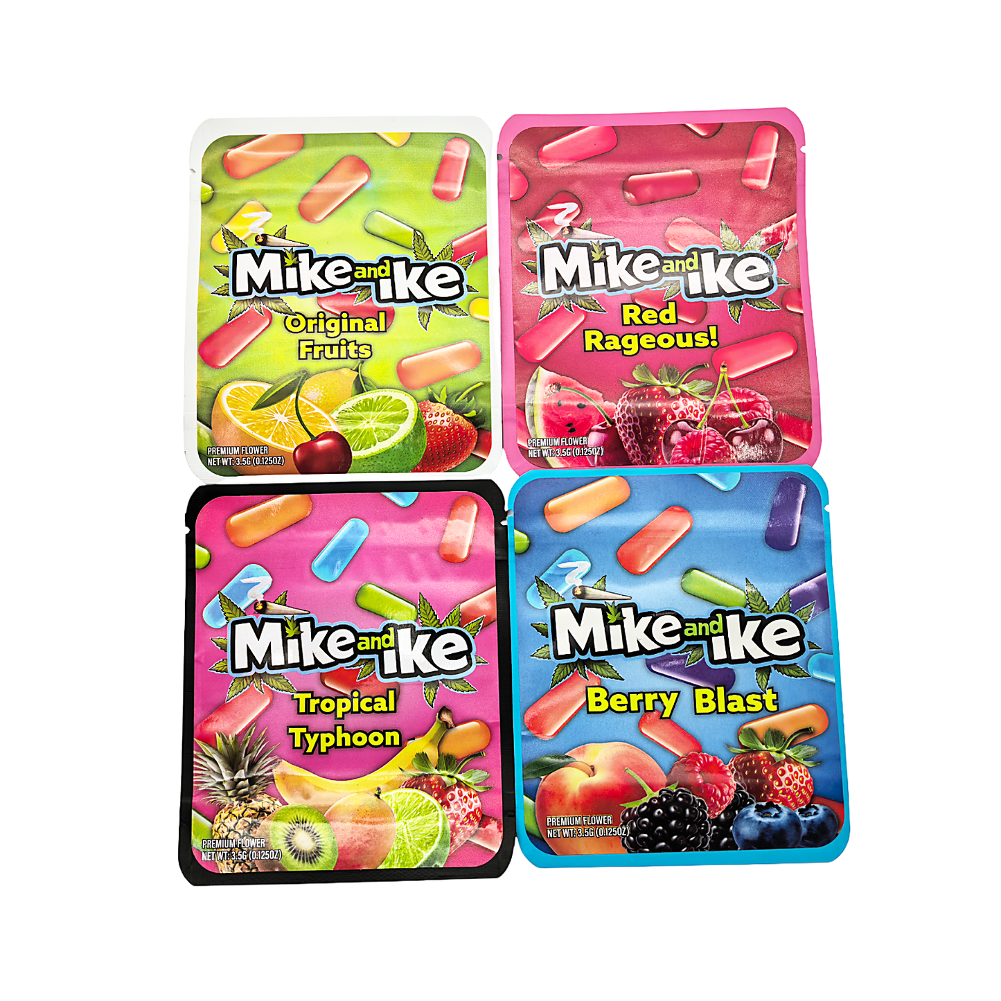 25 Pack - 3.5g Thick Sticker Mylar Bags Premium Smell Proof Packaging  | Mike & Ike Candy Collection