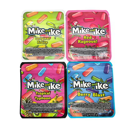 25 Pack - 3.5g Thick Sticker Mylar Bags Premium Smell Proof Packaging  | Mike & Ike Candy Collection