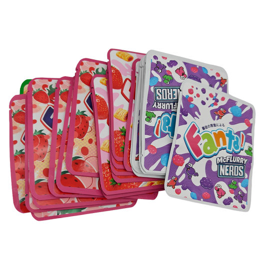 32 Pack - 3.5g Thick Sticker Mylar Bags - Premium Smell Proof Packaging Mix - Fanta Fun Set