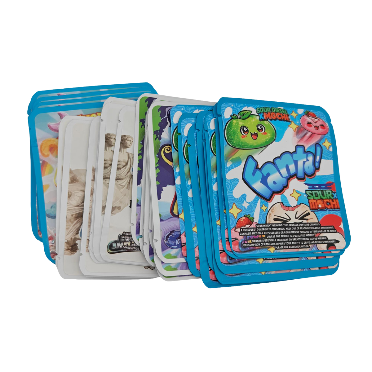 32 Pack - 3.5g Thick Sticker Mylar Bags - Premium Smell Proof Packaging Mix - Fanta Exotic Set