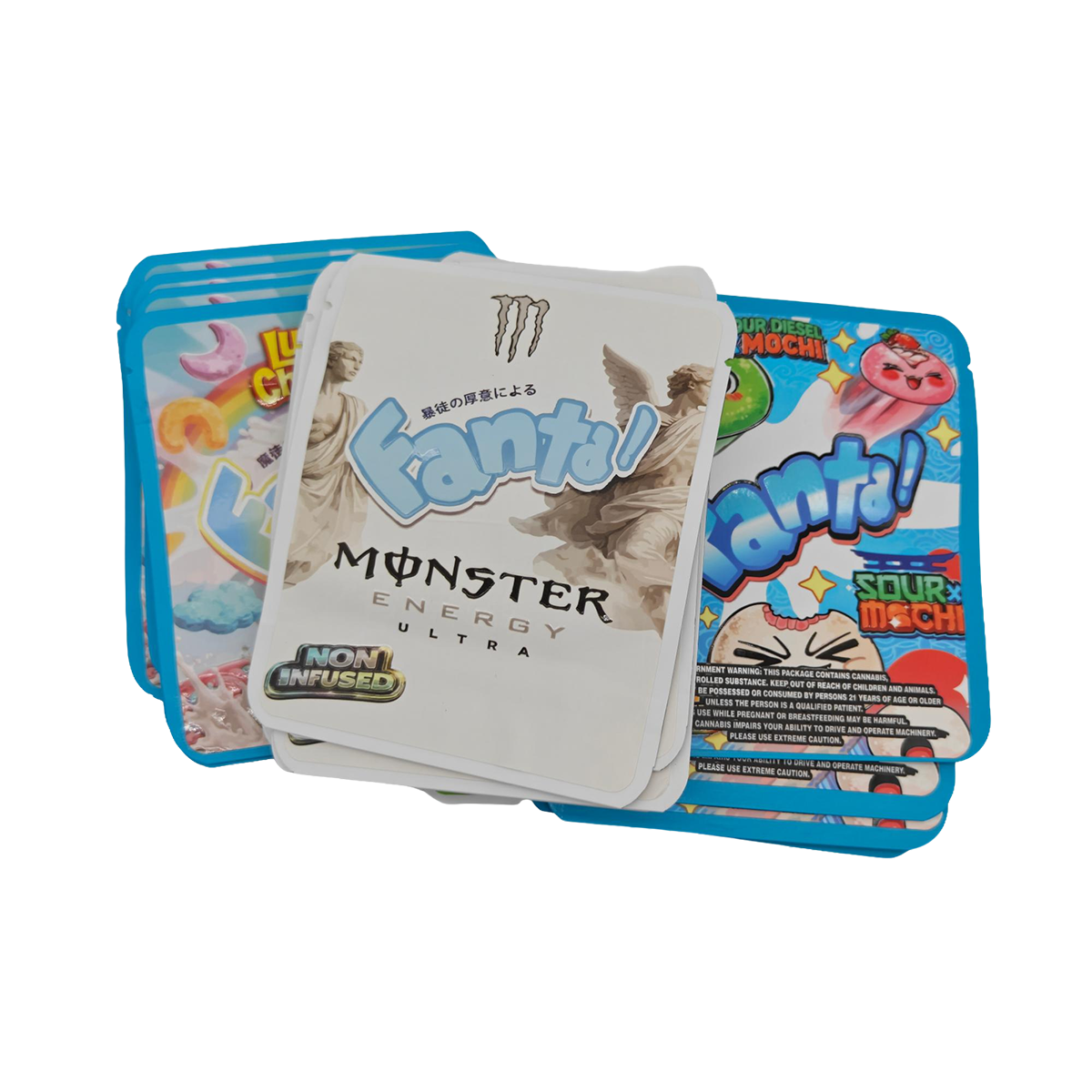 32 Pack - 3.5g Thick Sticker Mylar Bags - Premium Smell Proof Packaging Mix - Fanta Exotic Set