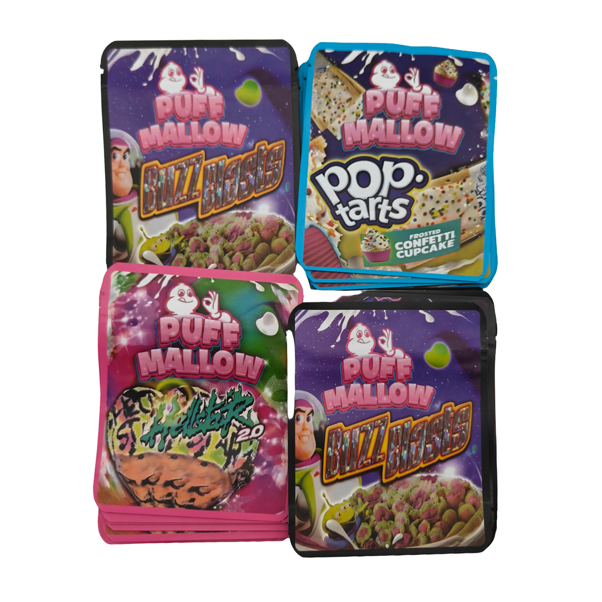 32 Pack - 3.5g Thick Sticker Mylar Bags - Premium Smell Proof Packaging Mix - Puff Mallow Asst